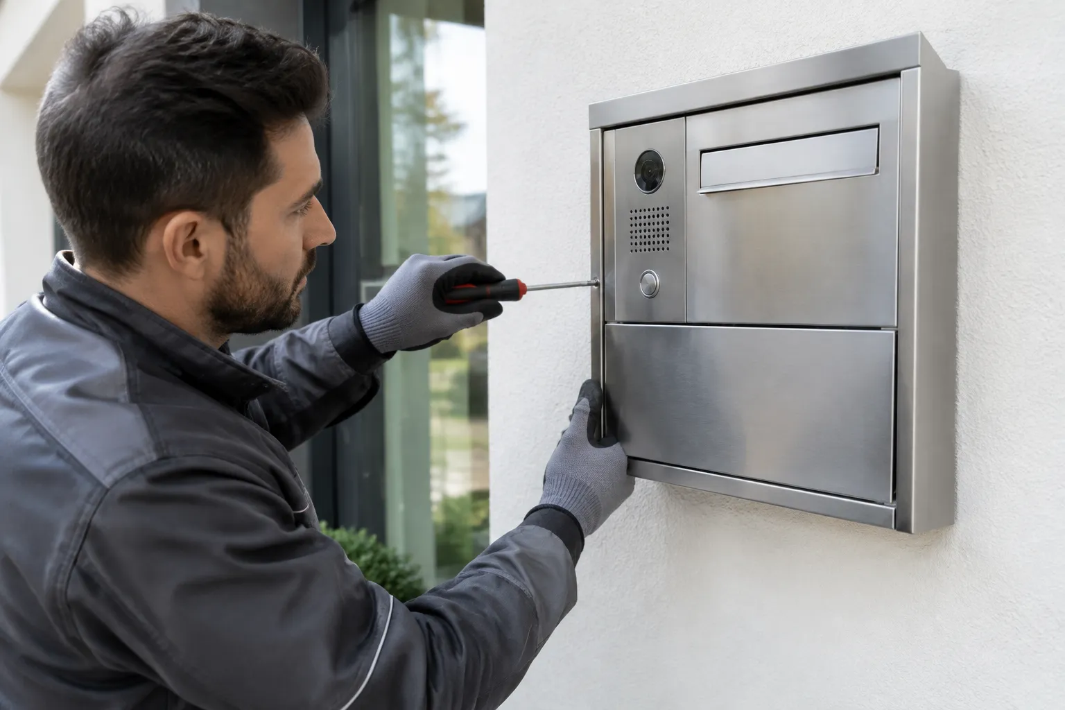 Technicien installant une boîte aux lettres murale avec tournevis