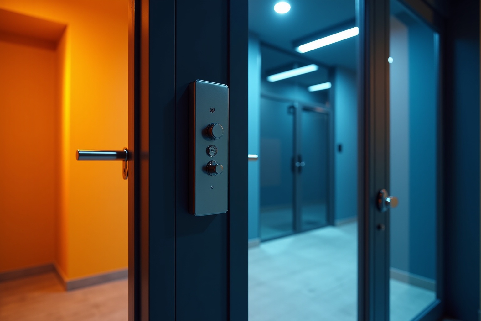 Porte noire avec panneau de contrôle et couloir éclairé.