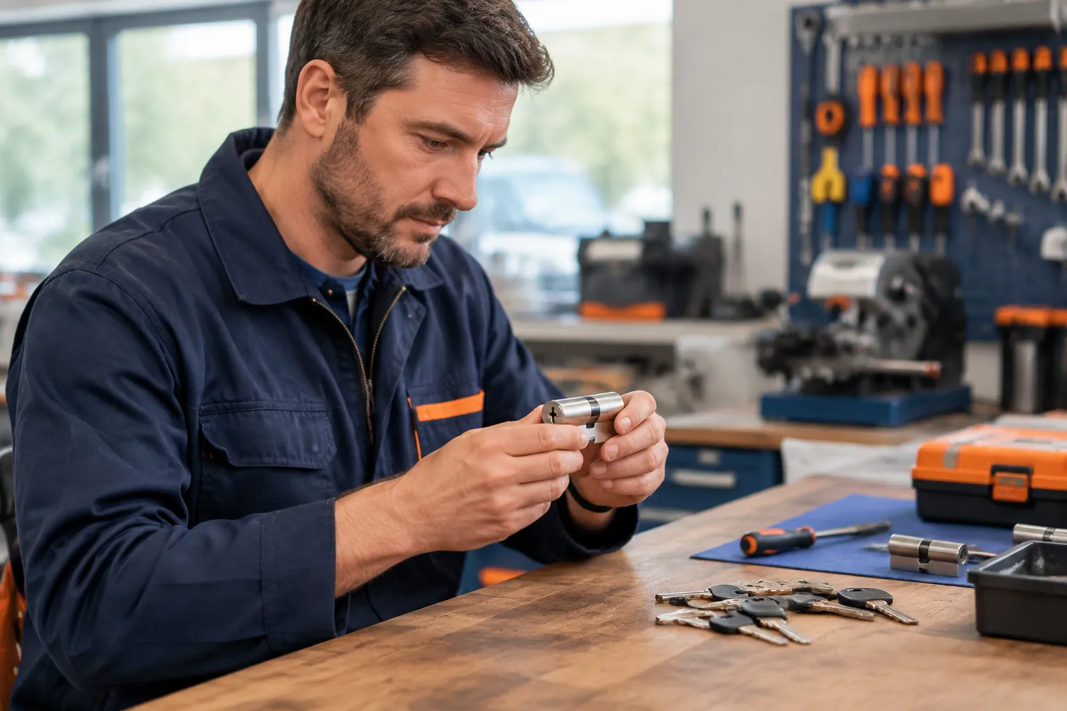 Serrurier examine un cylindre de serrure dans son atelier