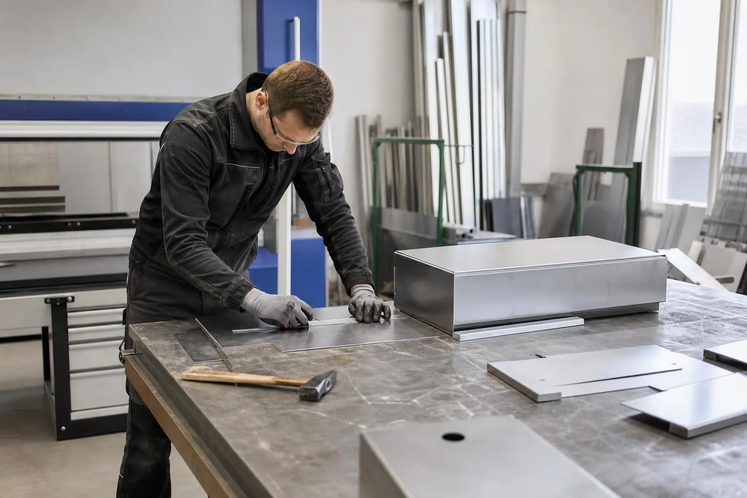Ouvrier travaillant sur un plan de travail dans un atelier.