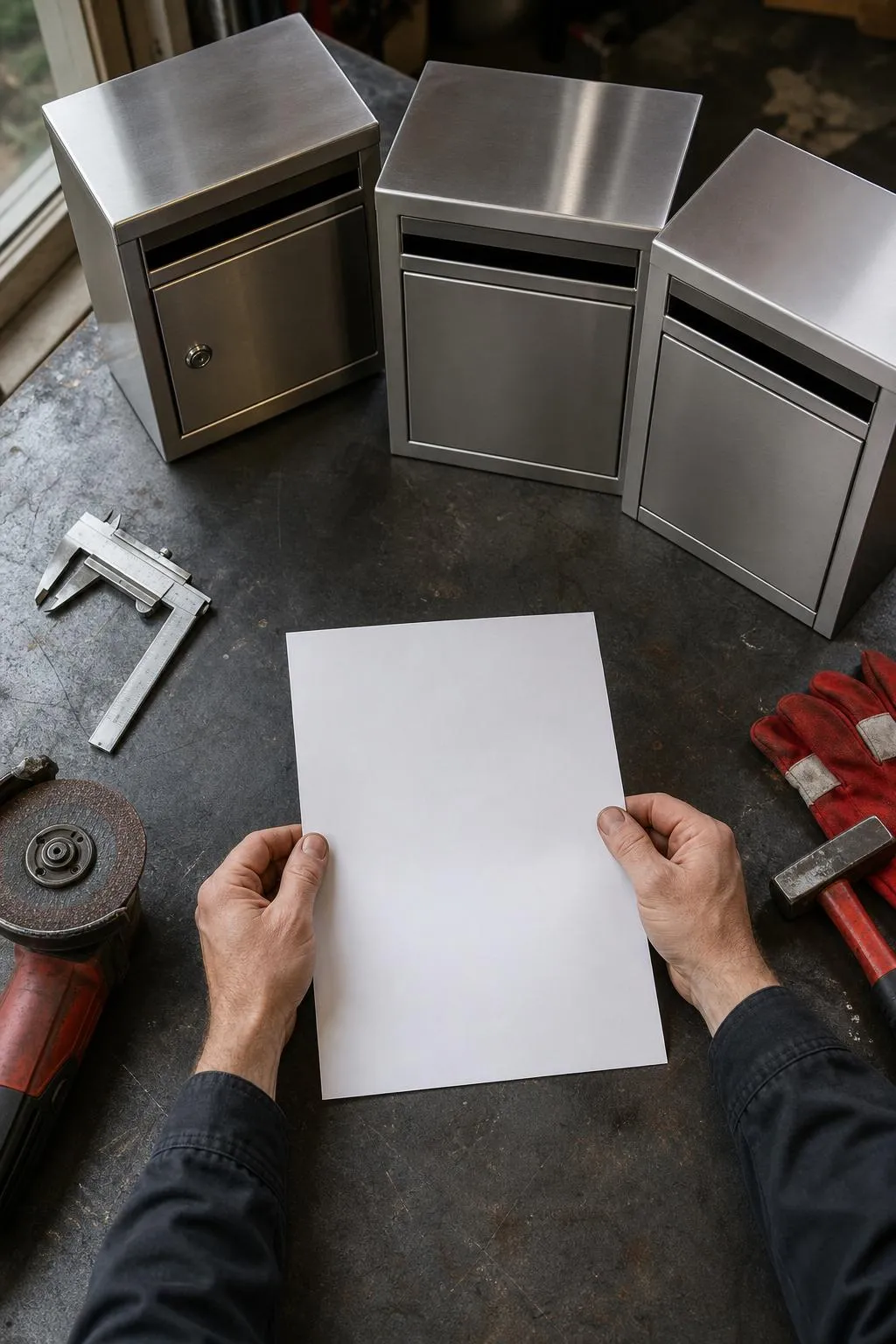 Boîtes de rangement en métal, outils et papier blanc sur un plan de travail.