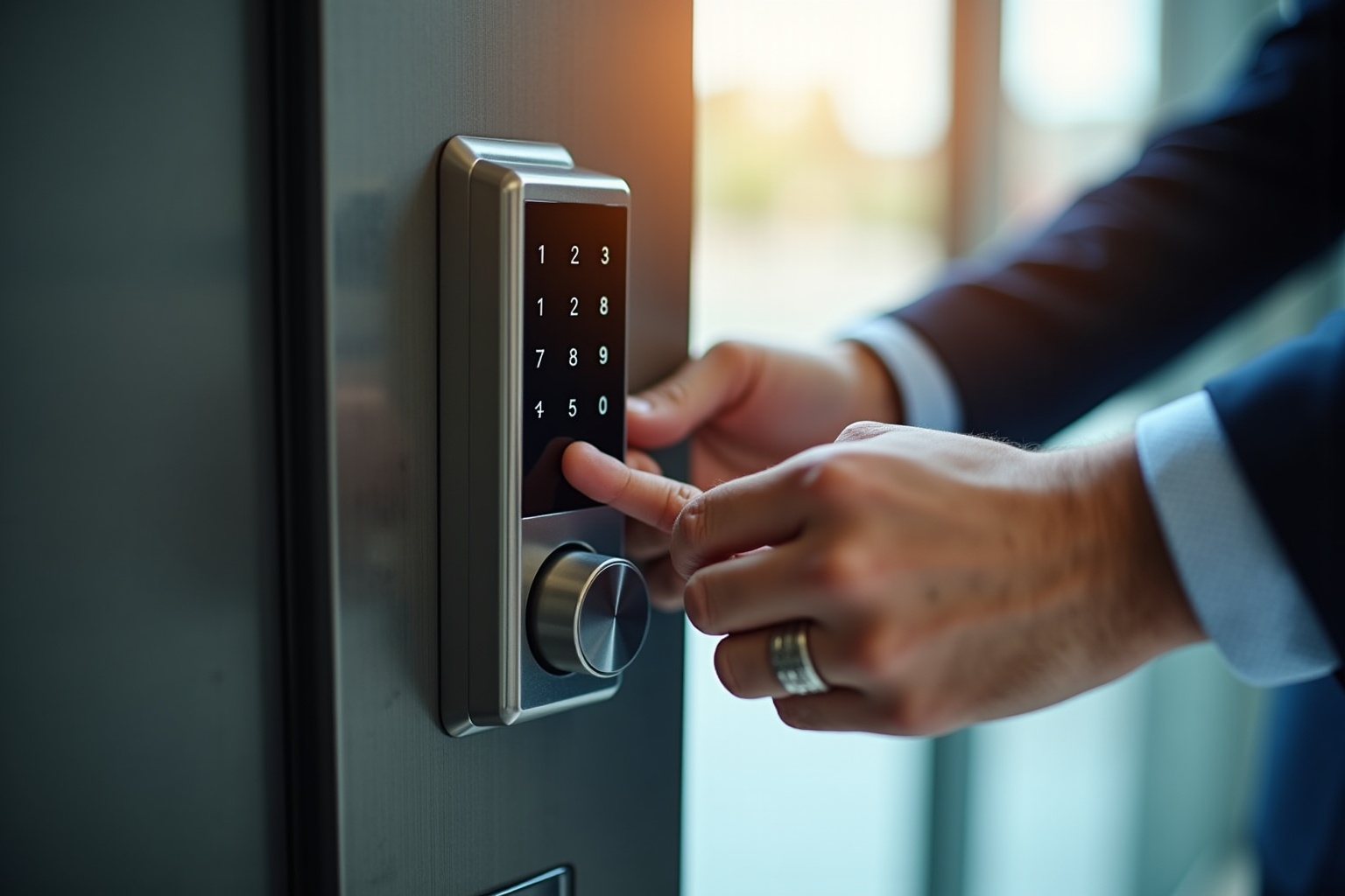 Serrure électronique sécurisée pour entrée d'immeuble avec lecteur de badges et clavier intégré.