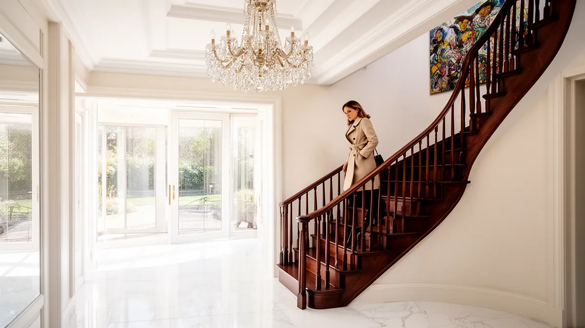"Entrée de maison de luxe avec escalier en bois, marbre blanc et chandelier en cristal"