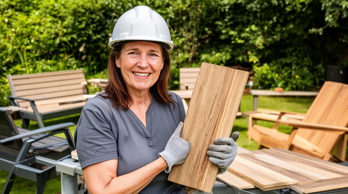 Femme tenant échantillon bois recyclé pour mobilier extérieur durable