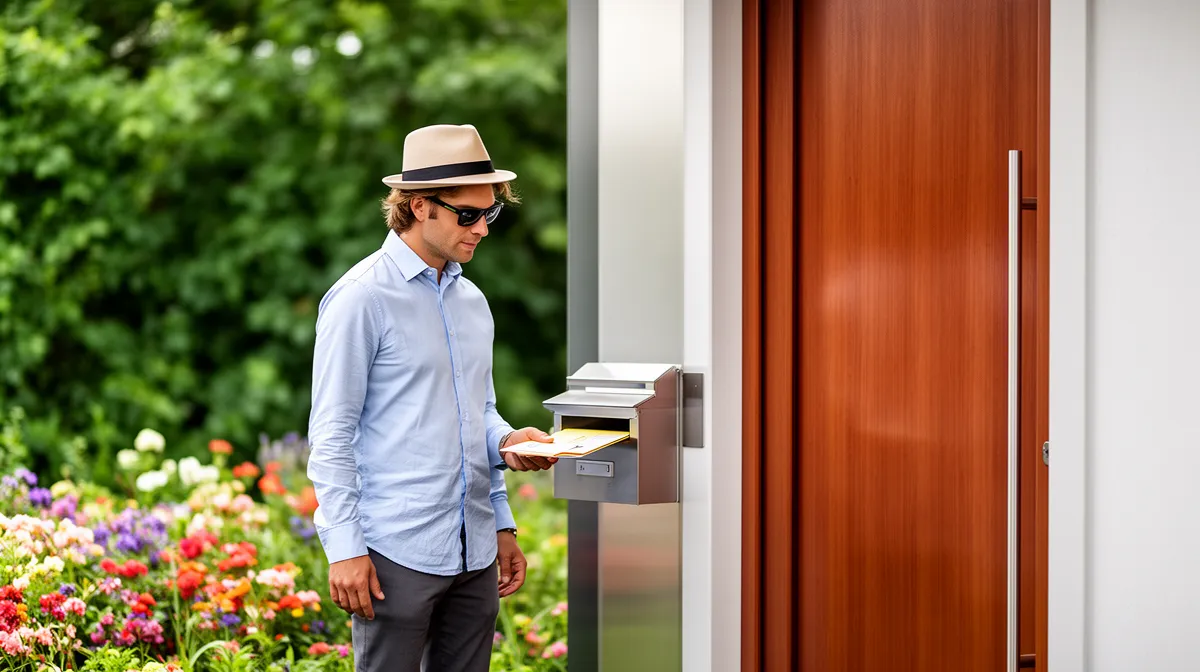 Boîte aux lettres design pour villa moderne en métal inoxydable, située dans un jardin luxuriant.