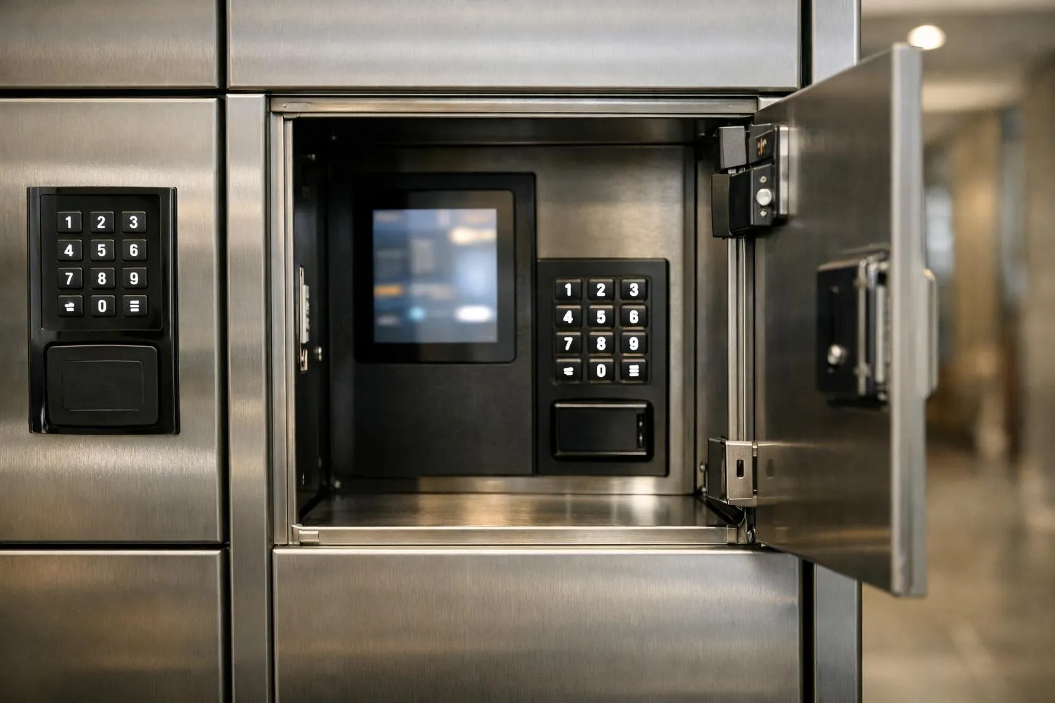 Installation de casiers intelligents pour immeubles, casier métallique avec écran tactile et serrure électronique.