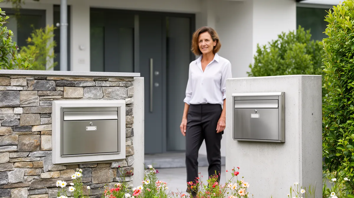 Boîte aux lettres encastrable et murale en métal inoxydable installées près d'une entrée de maison moderne.