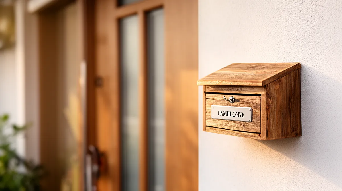 Boîte aux lettres individuelle en bois pour maison avec plaque métallique près de la porte d'entrée.