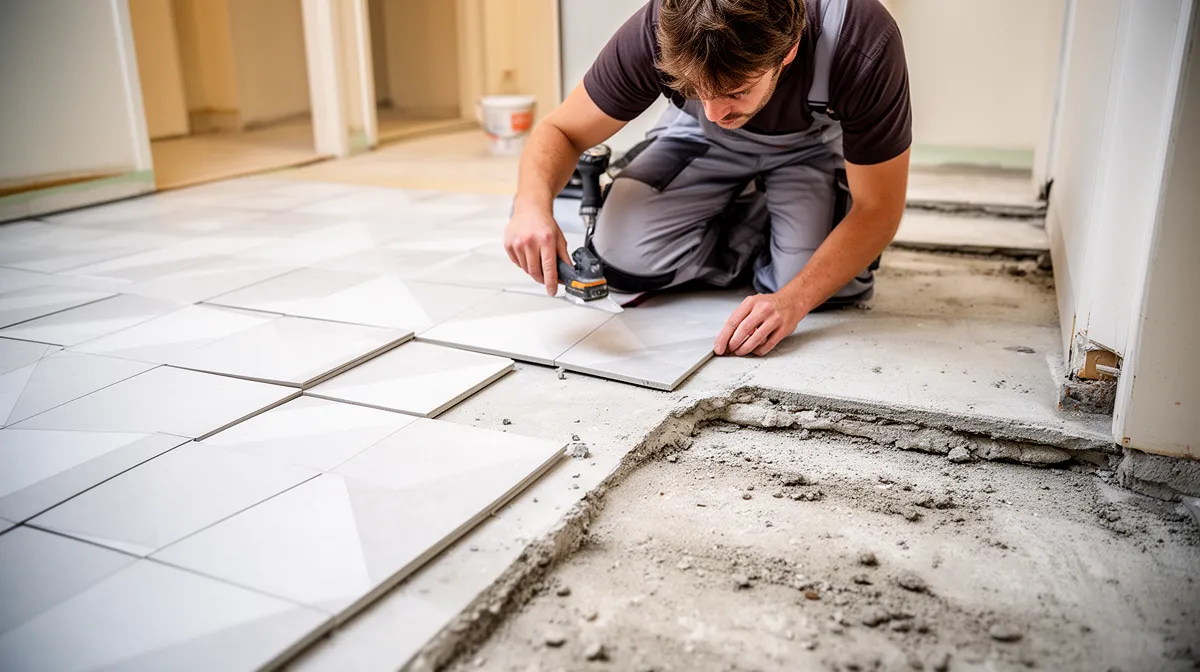 "Rénovation hall d'entrée immeuble copropriété : ouvrier posant du carrelage en céramique"