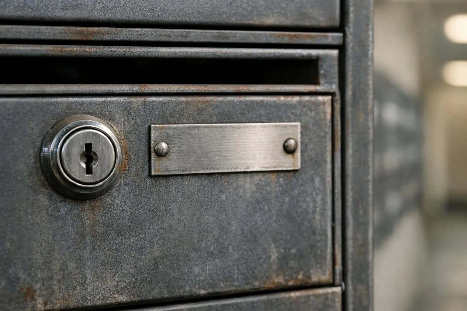 Boîte aux lettres individuelle dans un immeuble, serrure et plaque métallique avec numéro d'appartement.