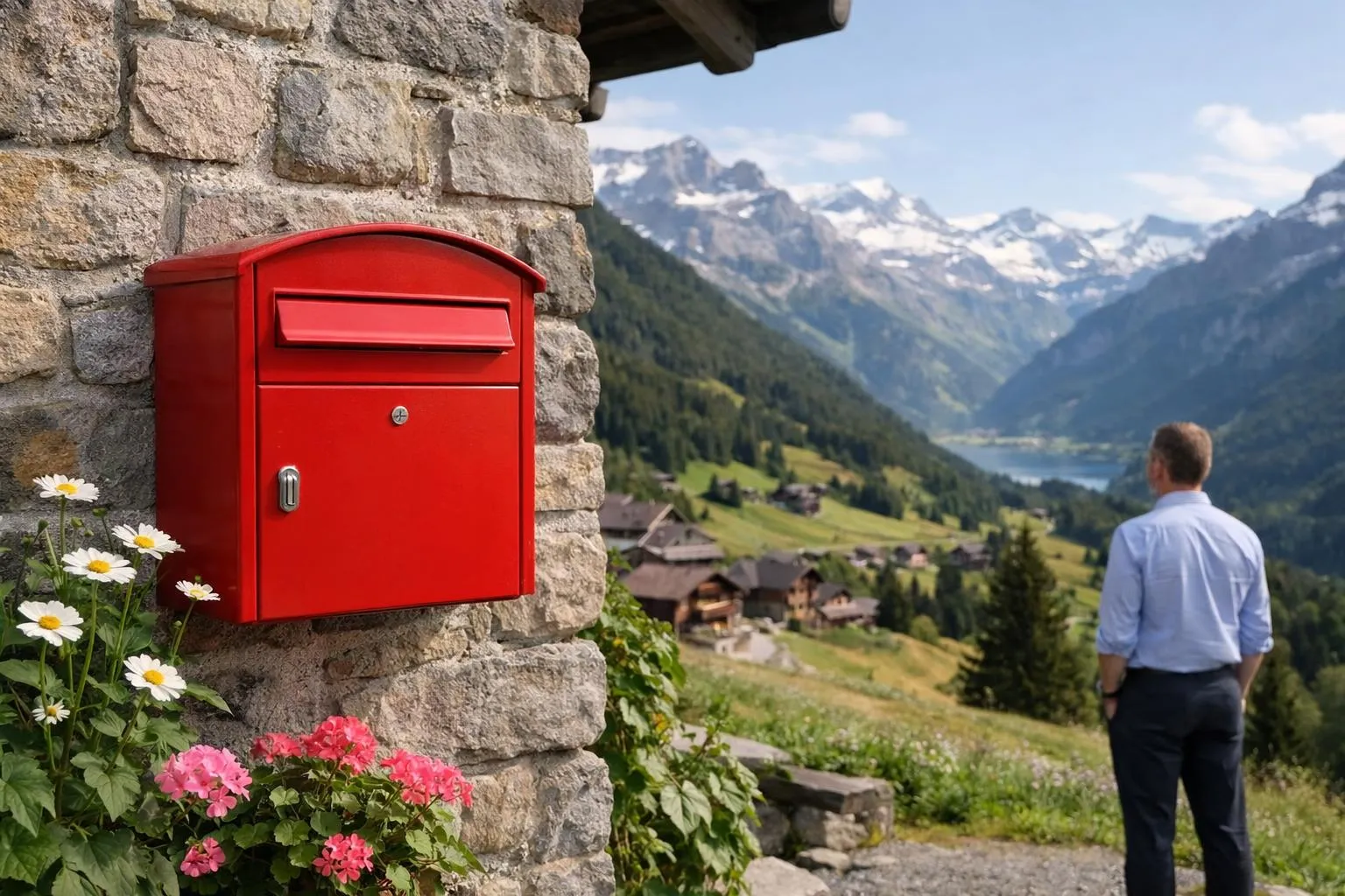 Boîte aux lettres suisse standardisée sur un mur en pierre d'une maison traditionnelle avec vue sur les Alpes.