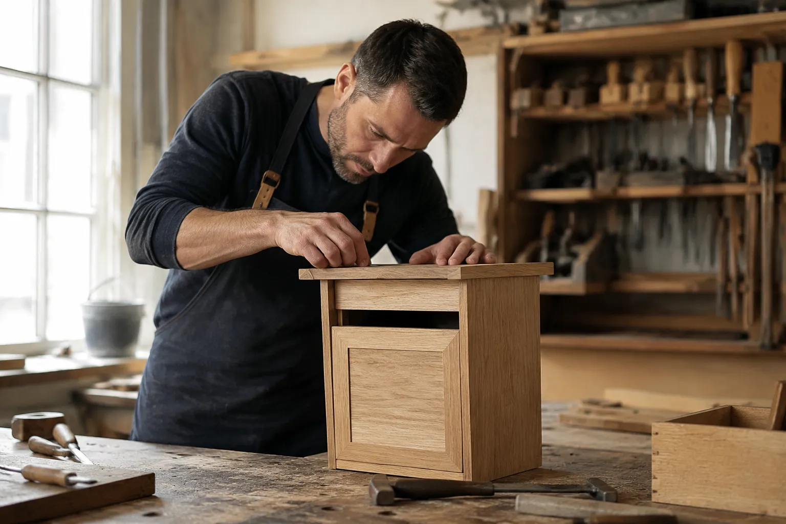"Un artisan genevois fabrique une boîte aux lettres en bois dans son atelier"