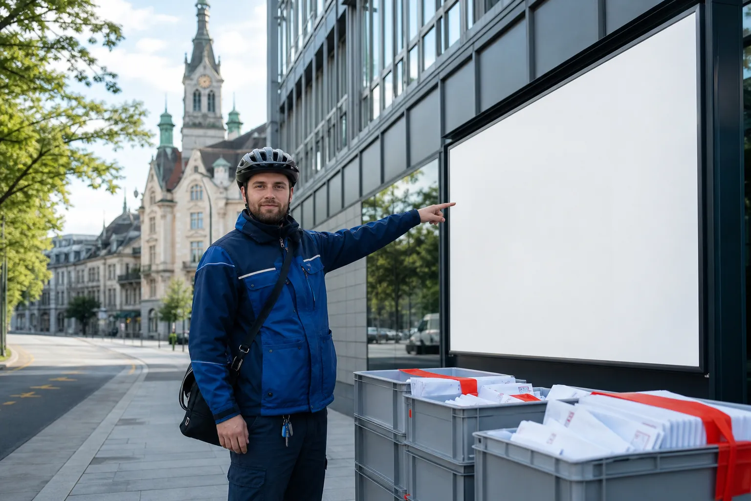 Facteur suisse vérifie le panneau de la nouvelle réglementation 2026 avec des boîtes d’enveloppes devant une poste moderne.