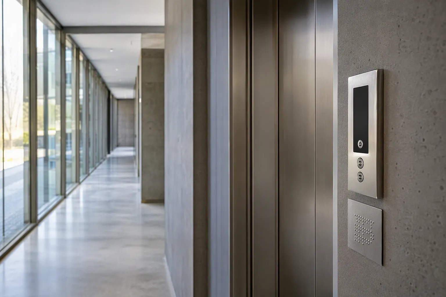 Couloir accessible avec panneau tactile SIA 500 et guide braille, photographe professionnel.