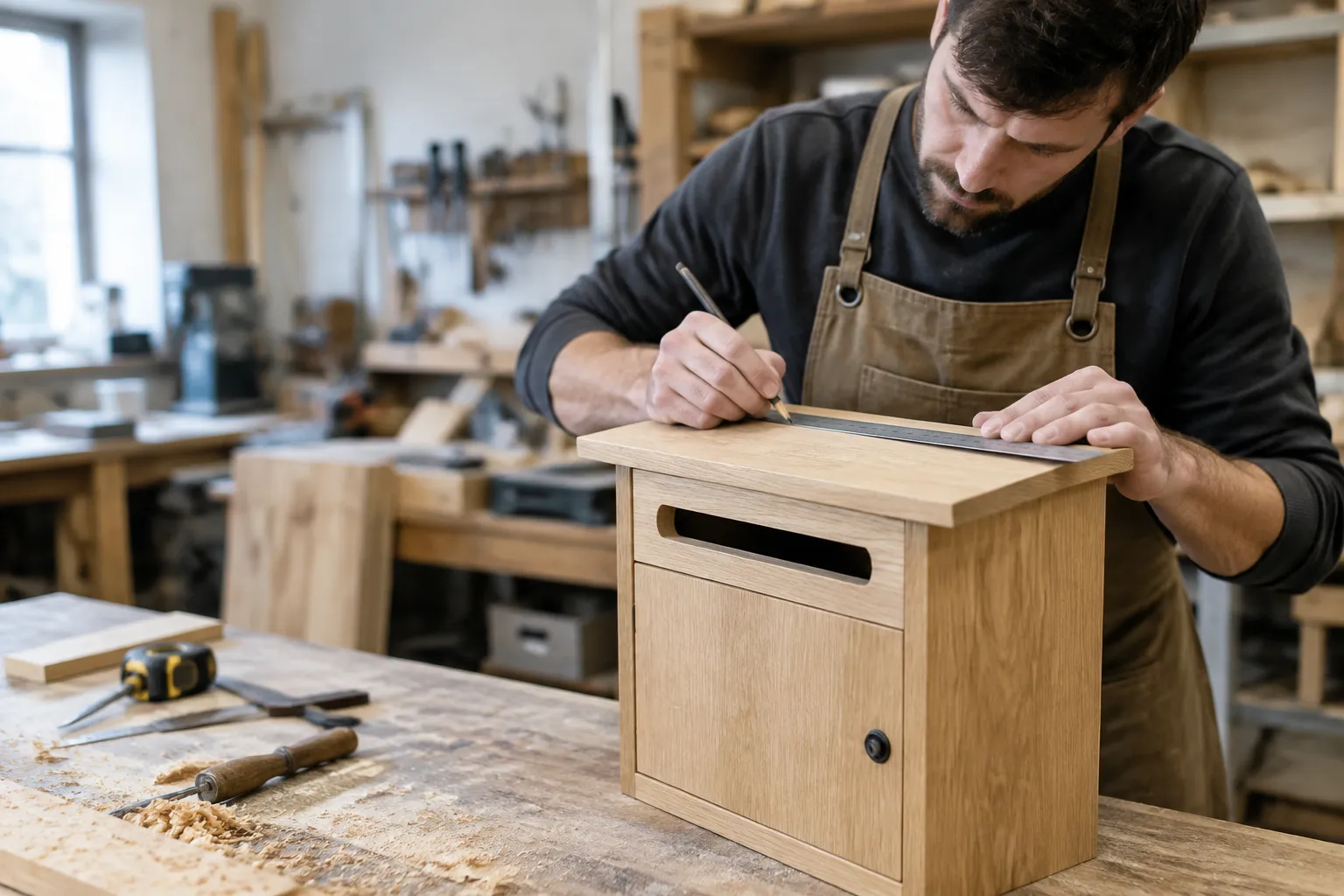 Artisan travaillant sur une boîte aux lettres sur mesure en bois de chêne.