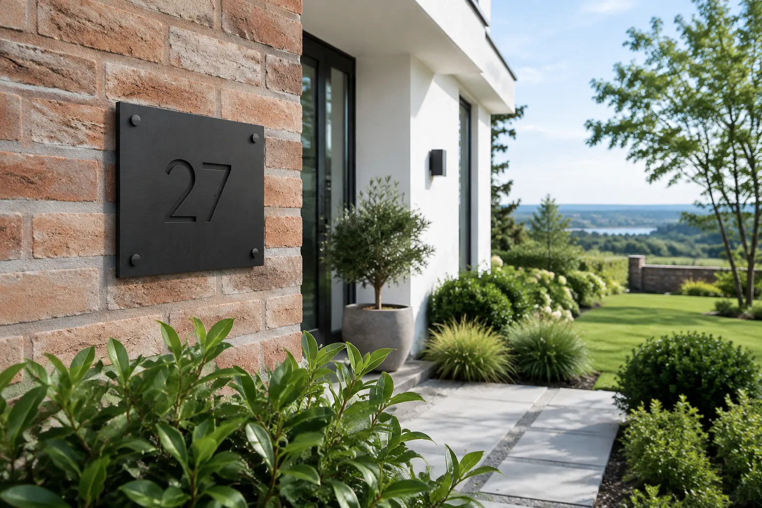 Maison moderne avec panneau numéro de maison en métal noir sur mur de briques, entourée de verdure luxuriante.
