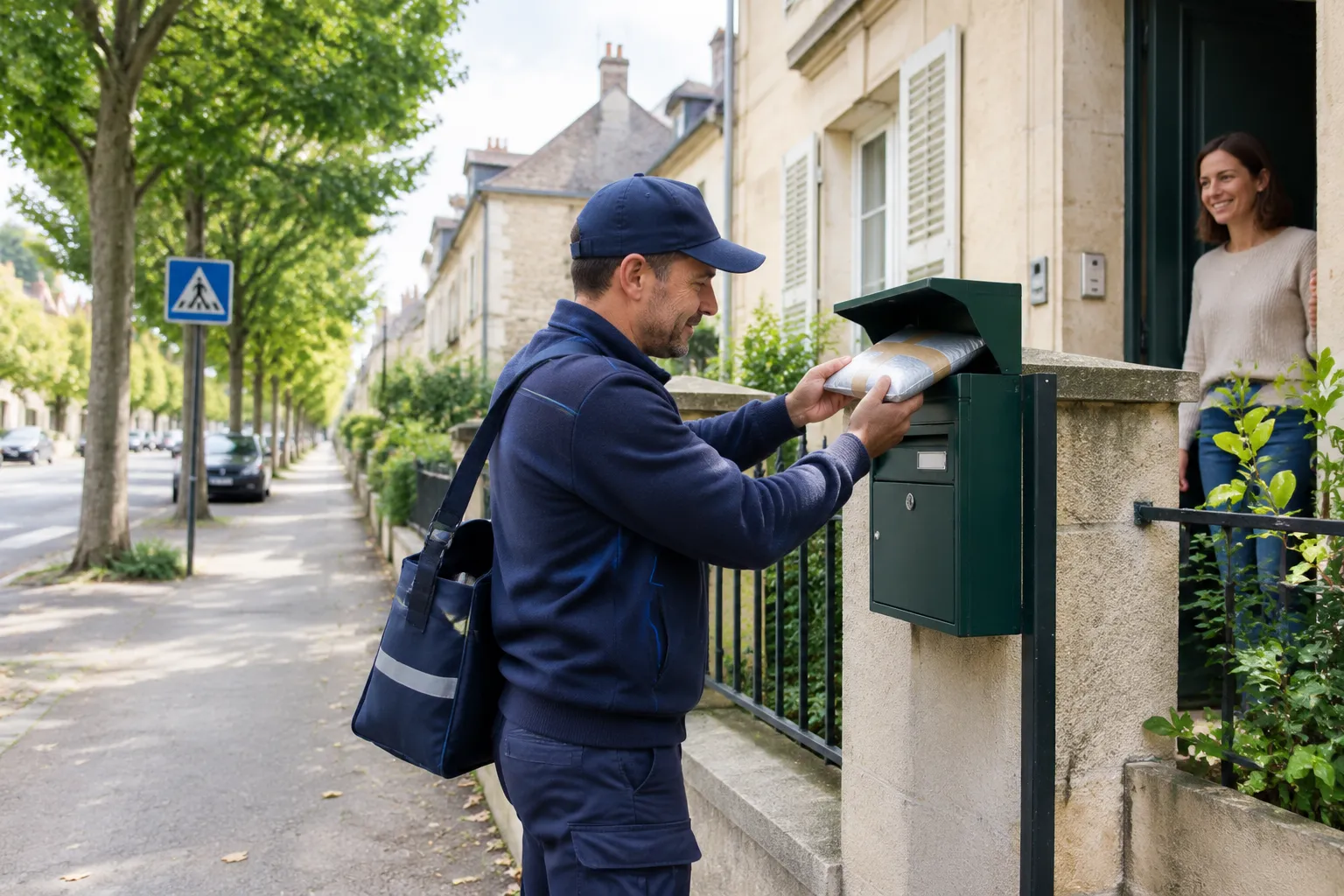 Colis protégé d’un sac anti‑chocs posé dans une boîte aux lettres, facteur et client sur une rue française.