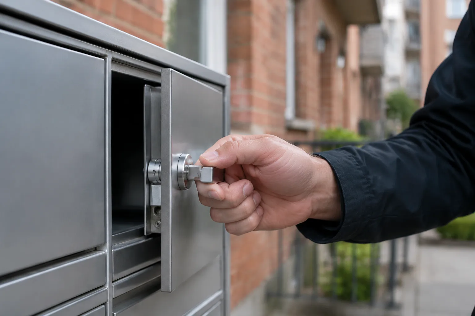 Main réparant la serrure d’une boîte aux lettres métallique en pleine action.