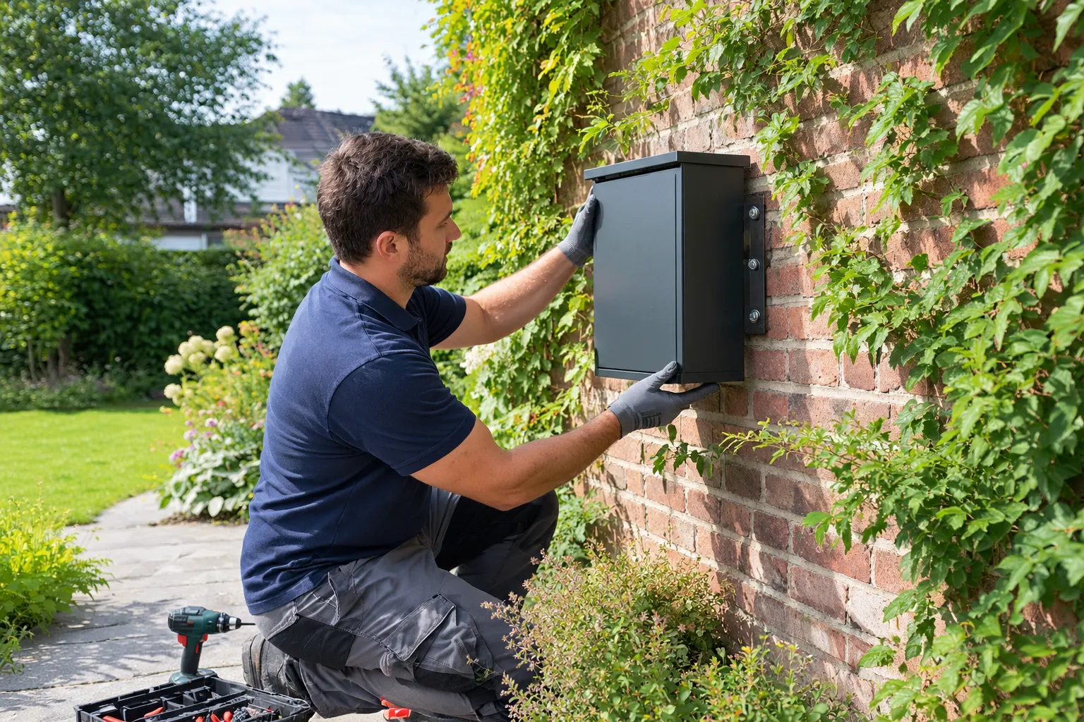 Installation d’une boîte colis sécurisée sur un mur de briques, réalisée par un professionnel dans un jardin verdoyant.