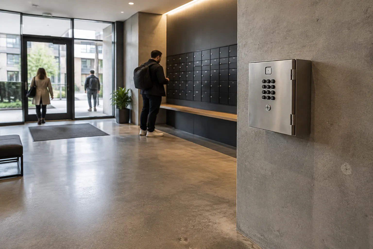 Boîte à clés unique en métal dans un hall d’immeuble moderne, montrant son système de verrouillage avancé.