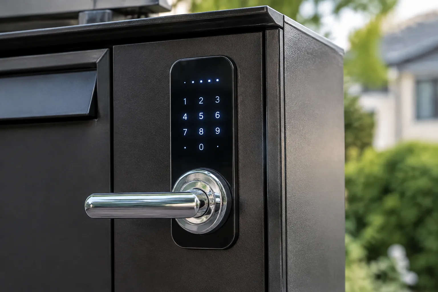 Serrure électronique boîte aux lettres avec écran tactile lumineux et poignée chromée.