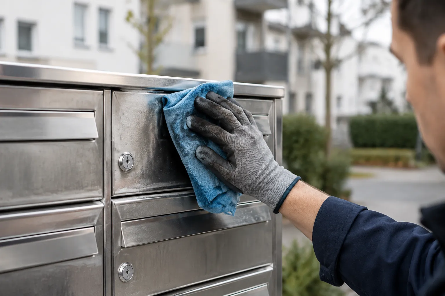 Main en gants nettoie une boîte aux lettres d’immeuble.