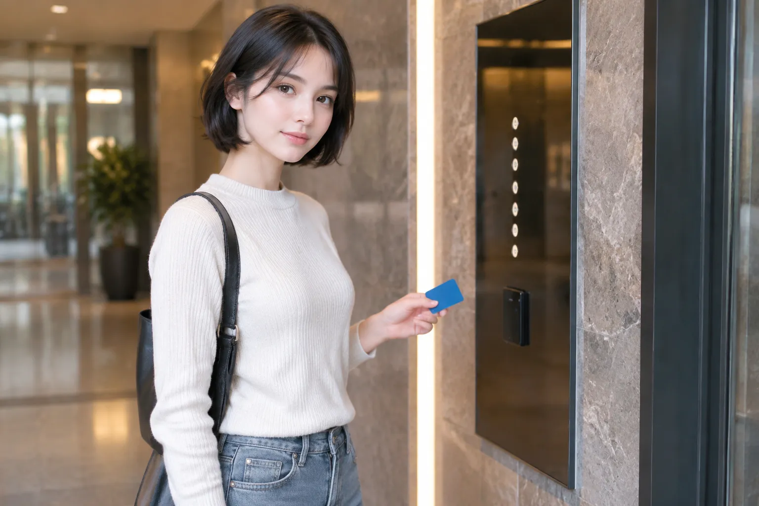 Femme devant porte d’immeuble suisse, badge d’accès, hall lumineux en bokeh.