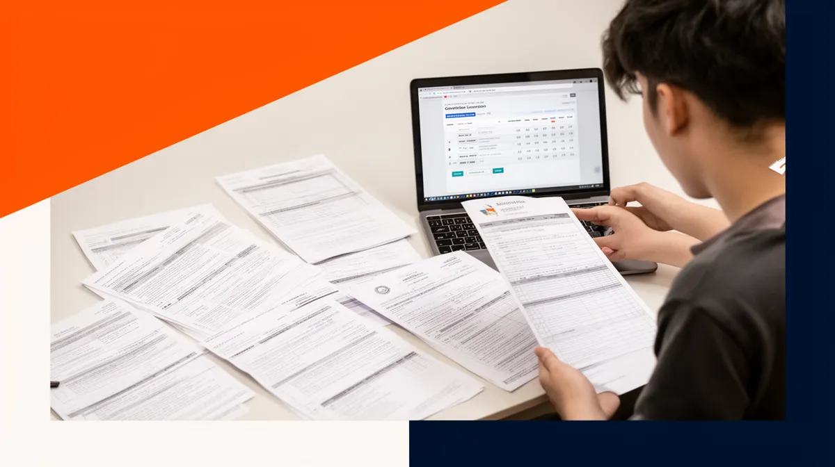 Person reviewing financial documents on laptop and desk.