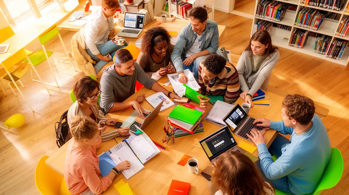 A group of diverse students collaborating in a colorful library.