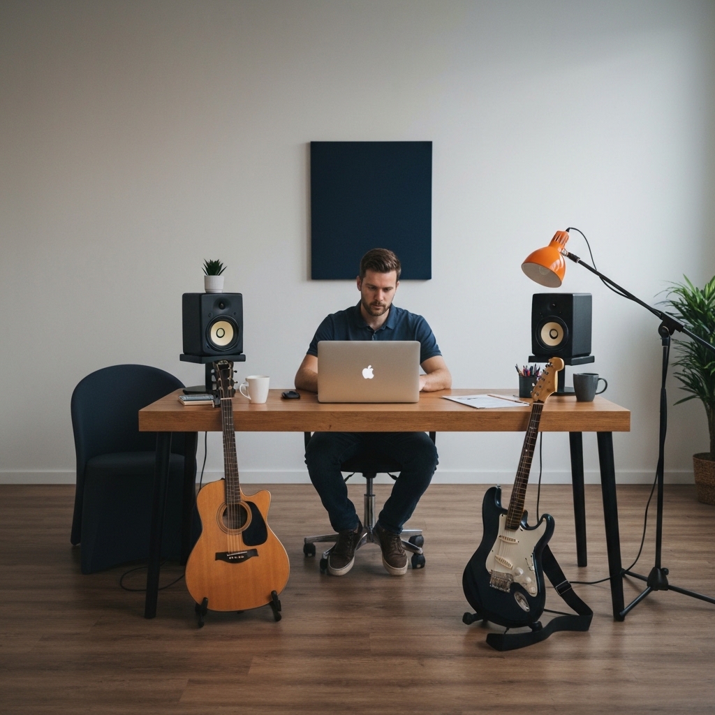 Musician sitting at modern desk with laptop open showing profile dashboard, surrounded by guitar and microphone in well-lit contemporary studio space, natural lighting emphasizing professional workspace for digital content creation