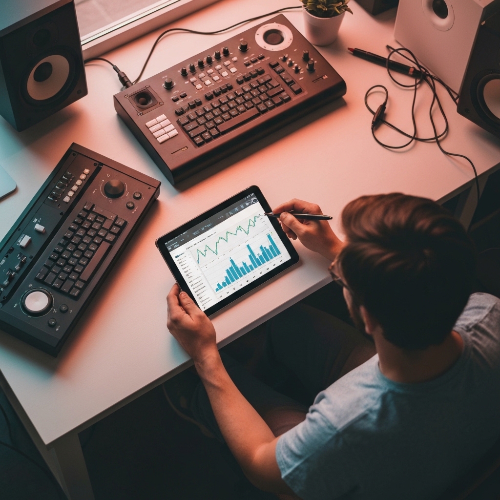 Musician sitting at desk reviewing profile analytics on tablet screen, focused expression, professional home studio with keyboard and monitors in soft focus background, natural lighting from window