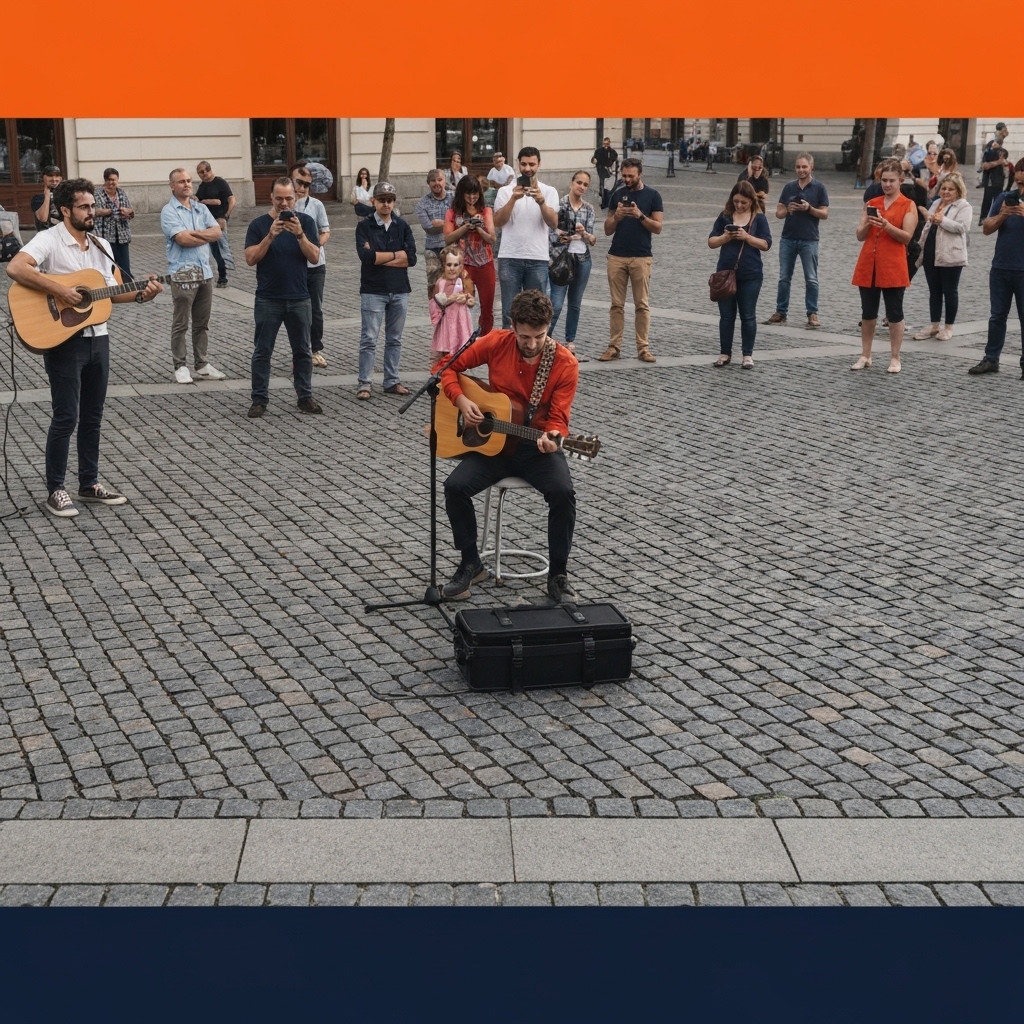 Street performer playing acoustic guitar on cobblestone plaza with diverse crowd watching, modern European city setting, people holding smartphones, natural afternoon lighting