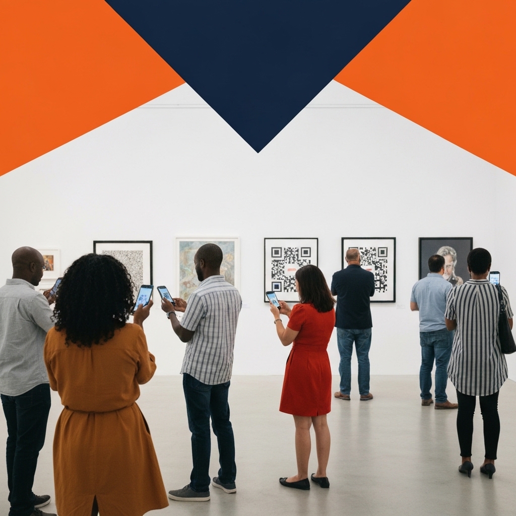Modern art gallery visitors using smartphones to scan QR codes near paintings, bright natural lighting, diverse audience engaged with digital content