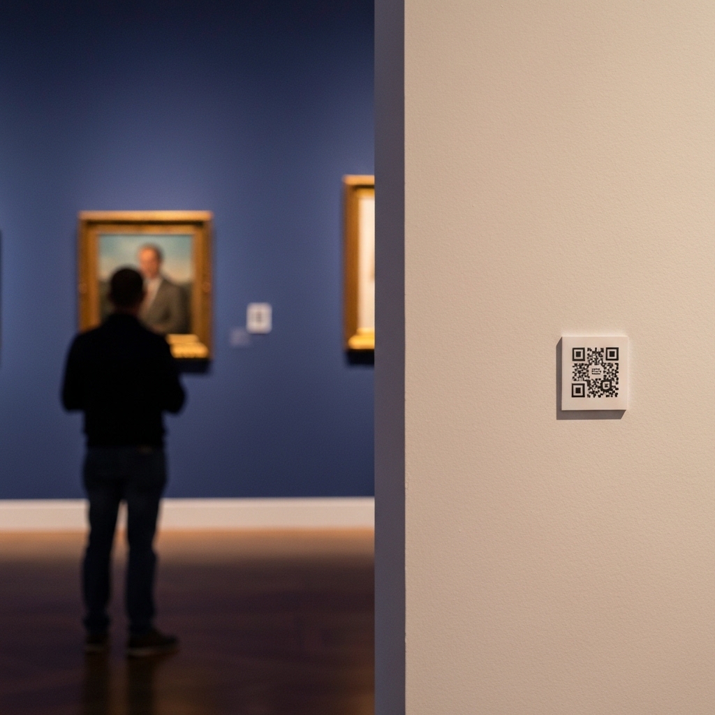 Modern art gallery interior with framed painting on white wall, small QR code placard mounted beside artwork at chest height, visitor viewing from appropriate distance, soft gallery lighting, minimalist aesthetic