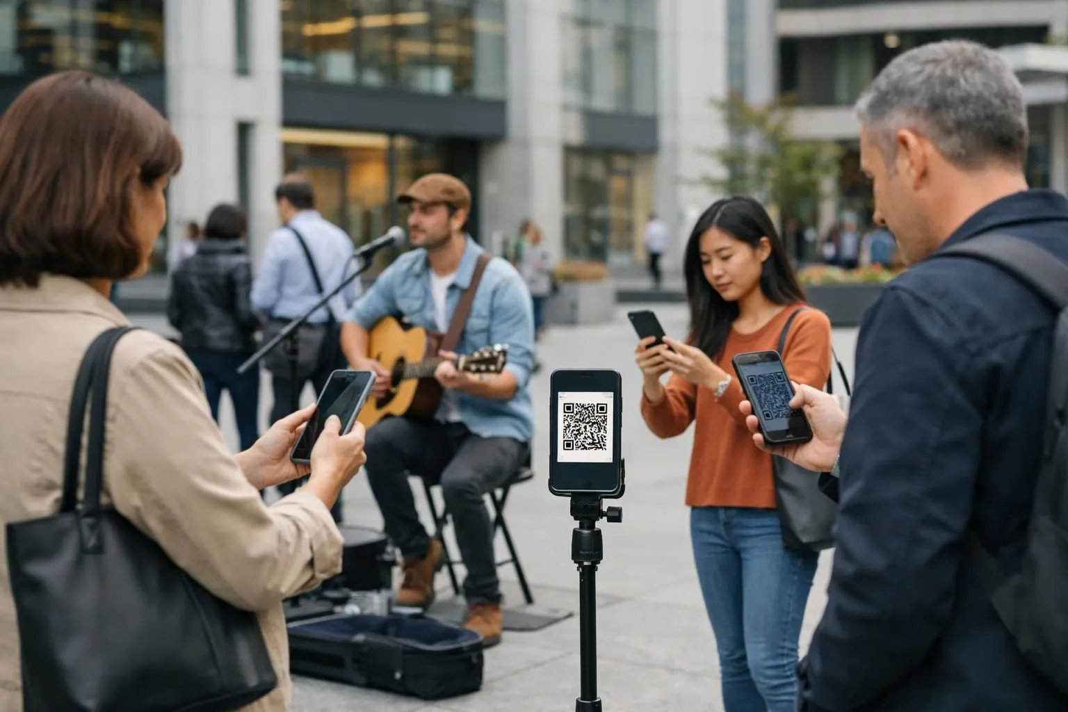Street musician playing acoustic guitar with smartphone mounted on stand displaying QR code, pedestrians scanning with phones in busy urban plaza, modern contactless tipping scene