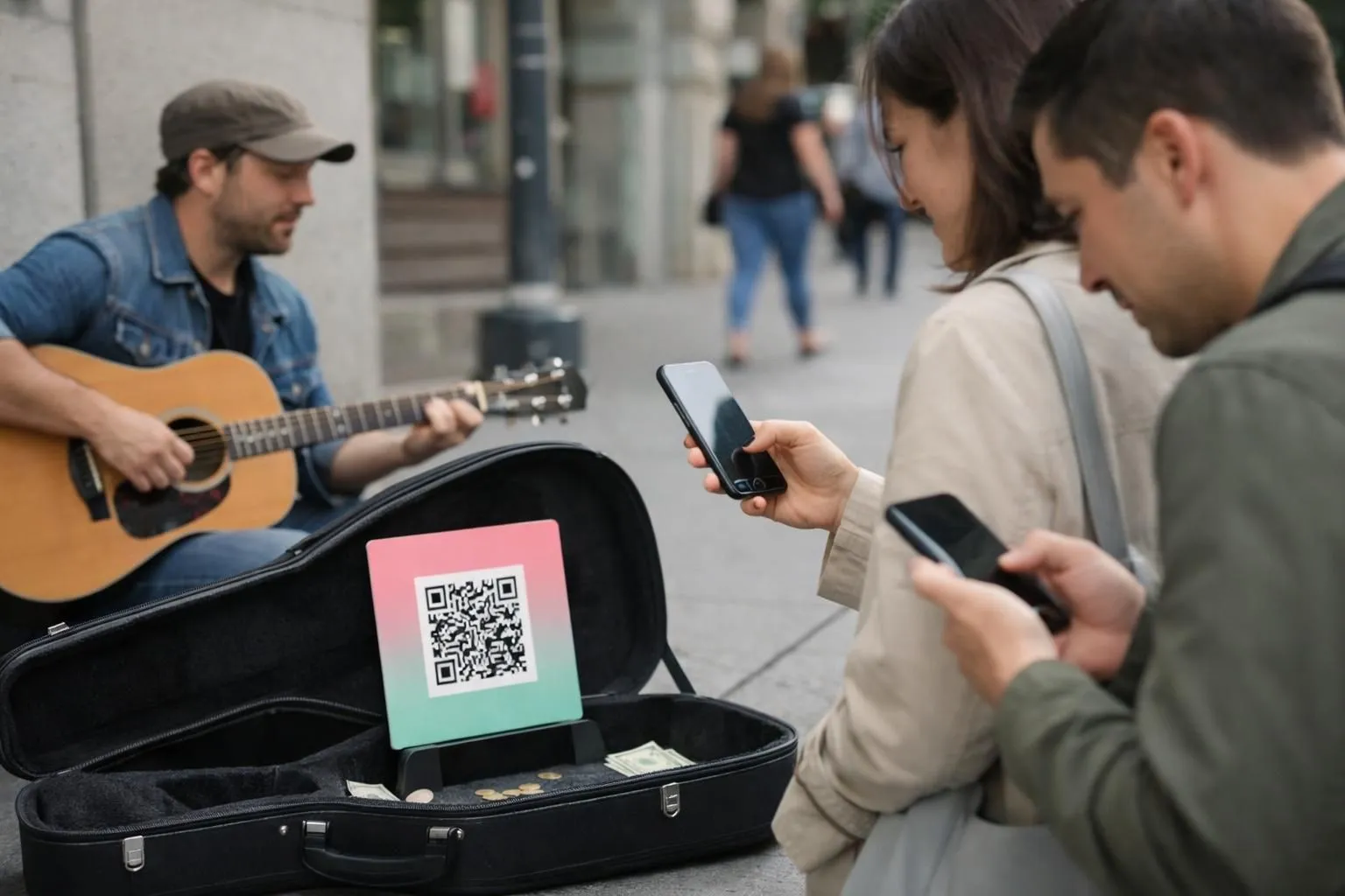 Street musician performing with acoustic guitar on city sidewalk, smartphone displaying QR code payment interface mounted on guitar case, pedestrians in background scanning code with their phones, natural outdoor lighting, realistic documentary style photography