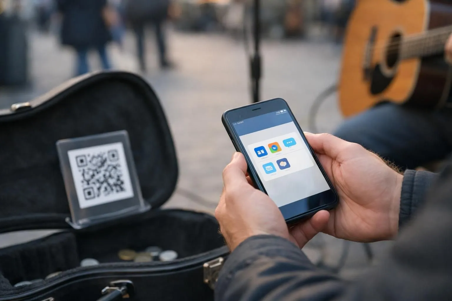 Street musician's hands holding smartphone showing KiosqueQR payment interface with visible Apple Pay, Google Pay, and card payment icons, guitar case with QR code in foreground, blurred urban sidewalk performance setting