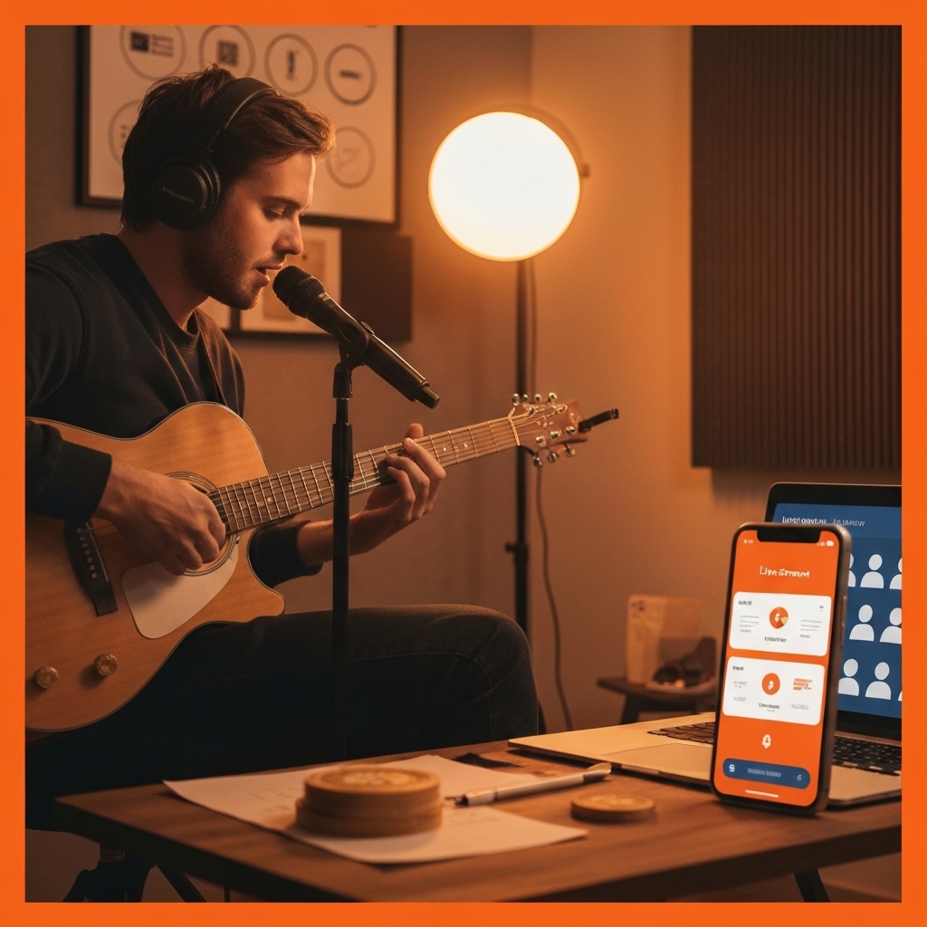 Live stream performer playing guitar in home setup with laptop screen showing virtual audience icons and floating digital currency symbols, smartphone beside keyboard displaying payment notification, warm studio lighting, modern minimalist aesthetic capturing the intersection of art and digital monetization