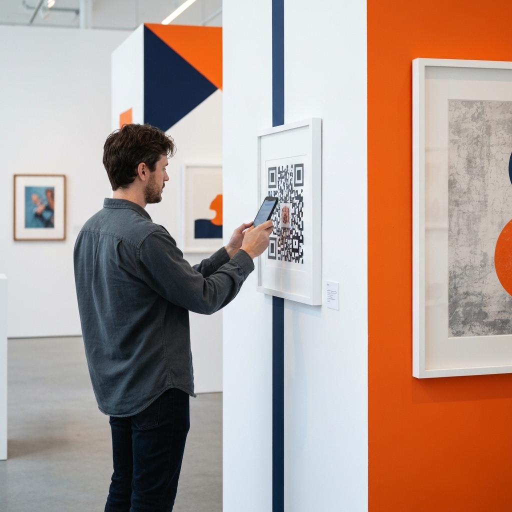 Artist in contemporary gallery holding smartphone to scan QR code mounted beside framed artwork, natural lighting, professional exhibition setting