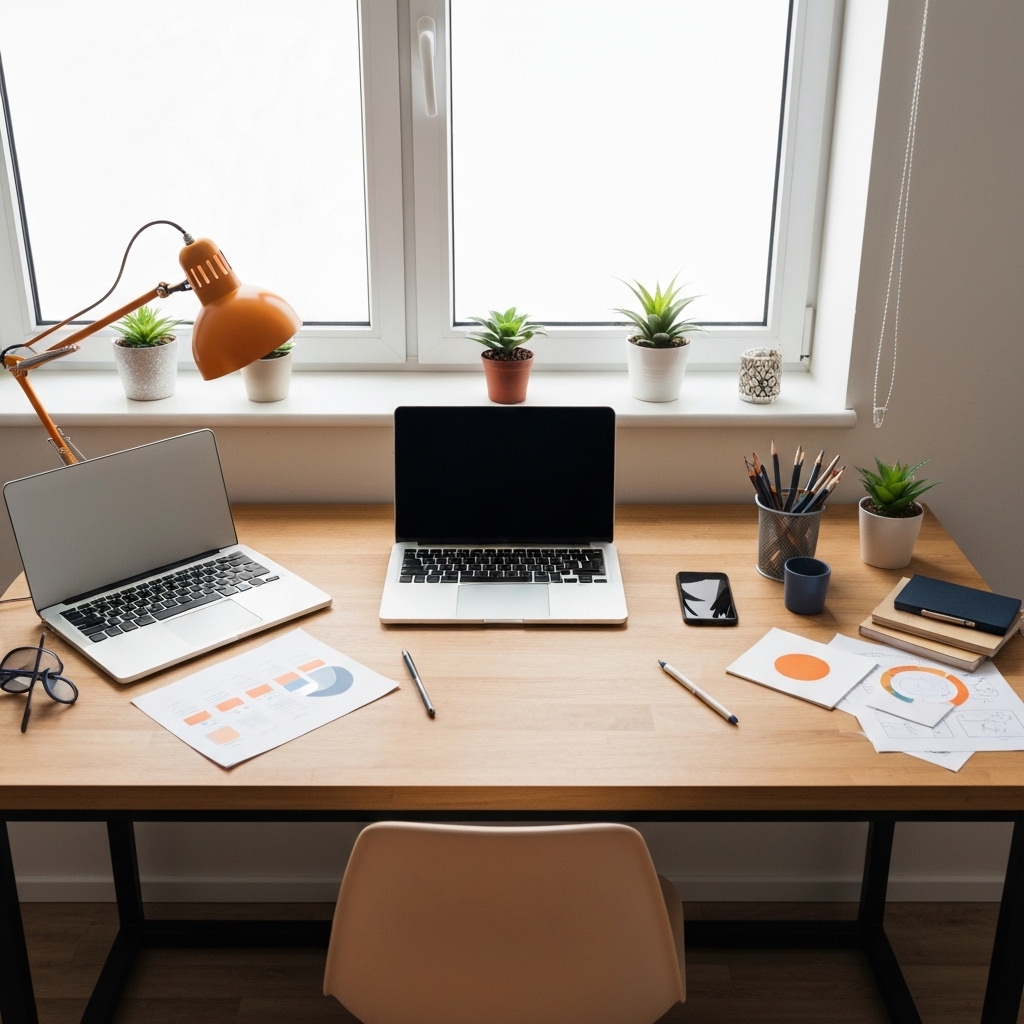 Creative professional artist sitting at wooden desk with laptop open, smartphone nearby showing social media apps, plants and art supplies in background, natural window lighting, realistic workspace scene