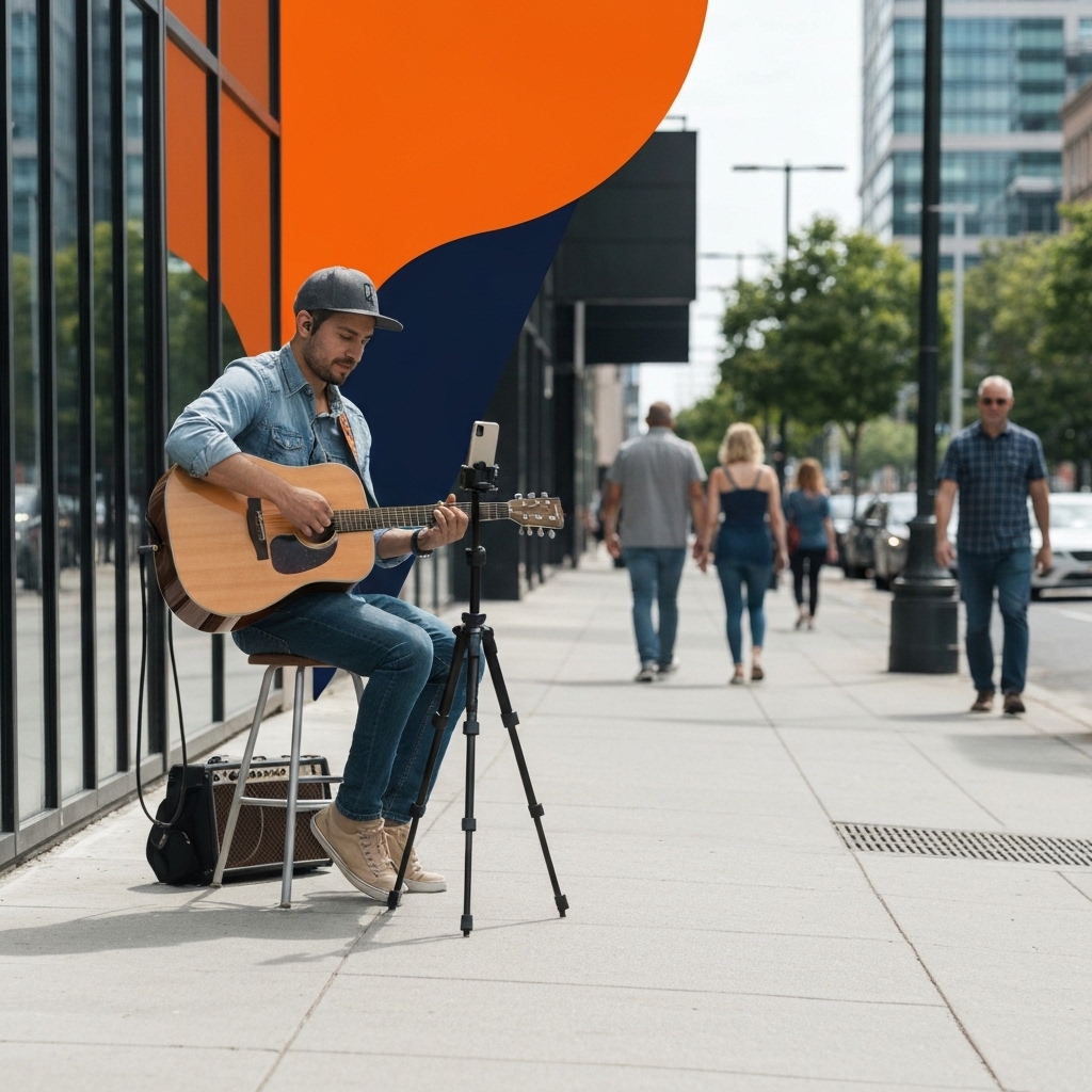 Street musician performing acoustic guitar on urban sidewalk with smartphone on tripod, passersby walking in background, natural daylight, modern city setting