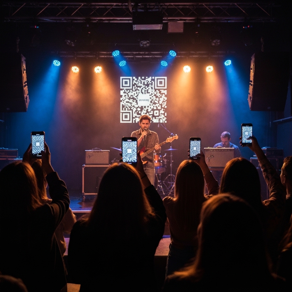 Musician performing on stage in intimate venue, audience members holding up phones to scan QR code displayed on backdrop, warm stage lighting, realistic concert atmosphere