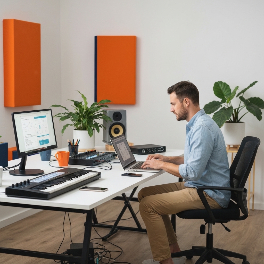 Independent musician analyzing streaming data on laptop screen in modern home studio with MIDI keyboard, audio interface, and plants, professional creative workspace showing digital music production tools