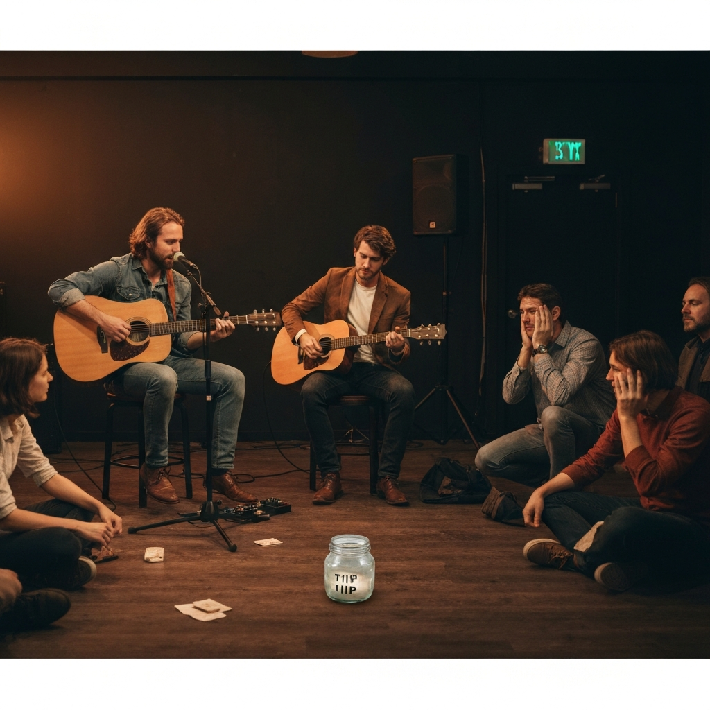 Open mic performer on small stage with acoustic guitar, audience members checking empty pockets and shaking heads, lonely tip jar on floor with few bills, dim coffee shop lighting, frustrated musician's body language