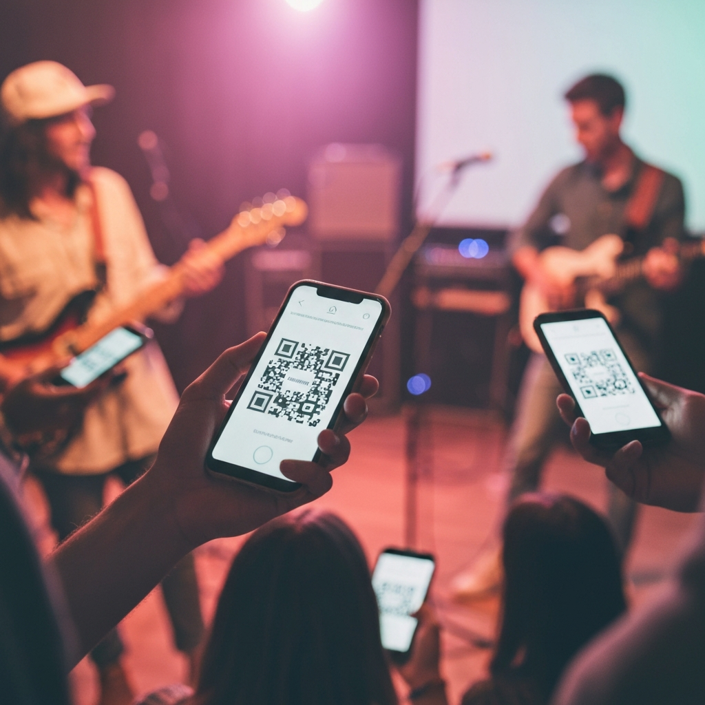 Close-up of a performer's hand holding a smartphone displaying a QR code on stage, with audience members in soft focus behind holding their phones up to scan, warm stage lighting creating an intimate open mic atmosphere, realistic photography style showing the modern digital tipping interaction