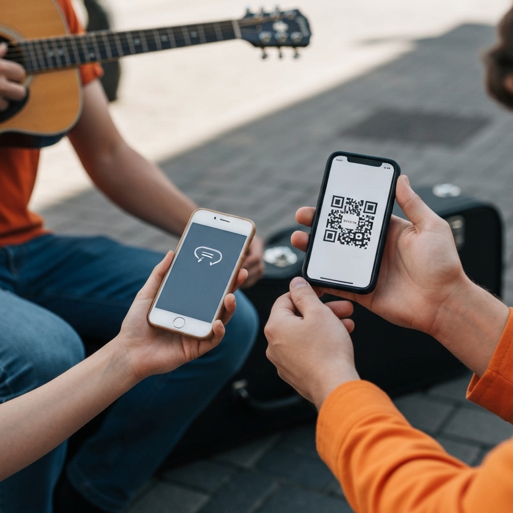 Street performer holding smartphone displaying QR code while audience member in foreground scans code with their phone to send digital tip, urban performance setting with guitar case visible, modern casual clothing, natural outdoor lighting, photorealistic style