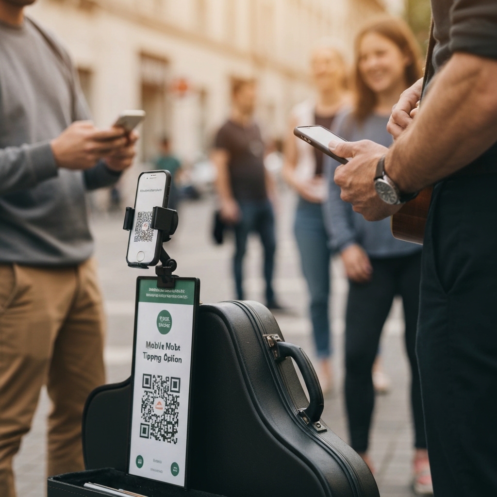 Street musician performing with smartphone mount displaying QR code sign next to instrument case, audience member in background holding phone ready to scan, realistic urban performance setting with natural lighting