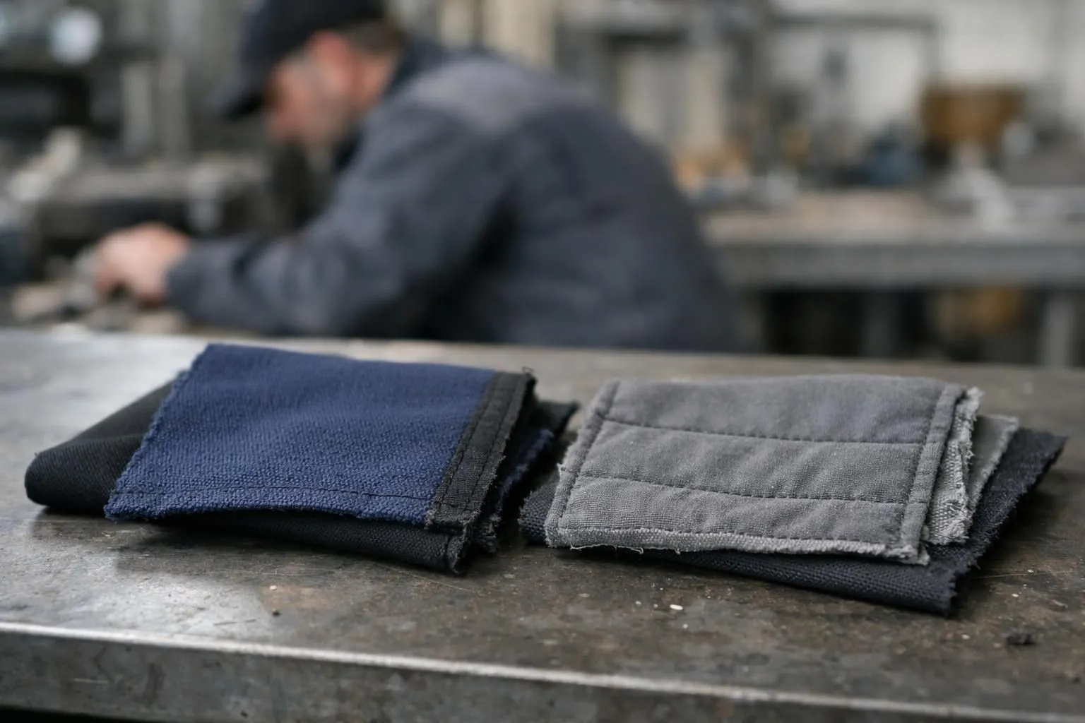 Atelier industriel professionnel avec focus sur gros plan de deux tissus de vêtements de travail côte à côte sur table en métal: à gauche, un échantillon de coton toile croisée épais bleu marine texture visible robuste, à droite un échantillon de polycoton plus fin légèrement brillant. En arrière-plan flou, un professionnel (dos tourné, visage non visible) manipule des vêtements de travail bleus suspendus. Éclairage industriel naturel par fenêtre d'atelier, ambiance technique sobre, couleurs neutres dominantes gris et bleu. Composition horizontale centrée sur les deux échantillons de tissu, rendu photographique ultra-réaliste, netteté précise sur les textures du tissu. Aucun texte, logo, étiquette ou annotation visible.