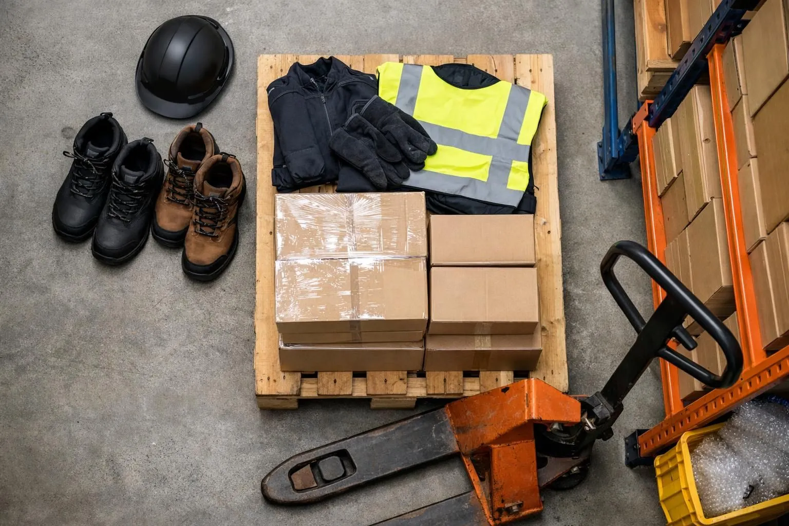 Worksite equipment, safety gear, and packaged goods on a wooden pallet.