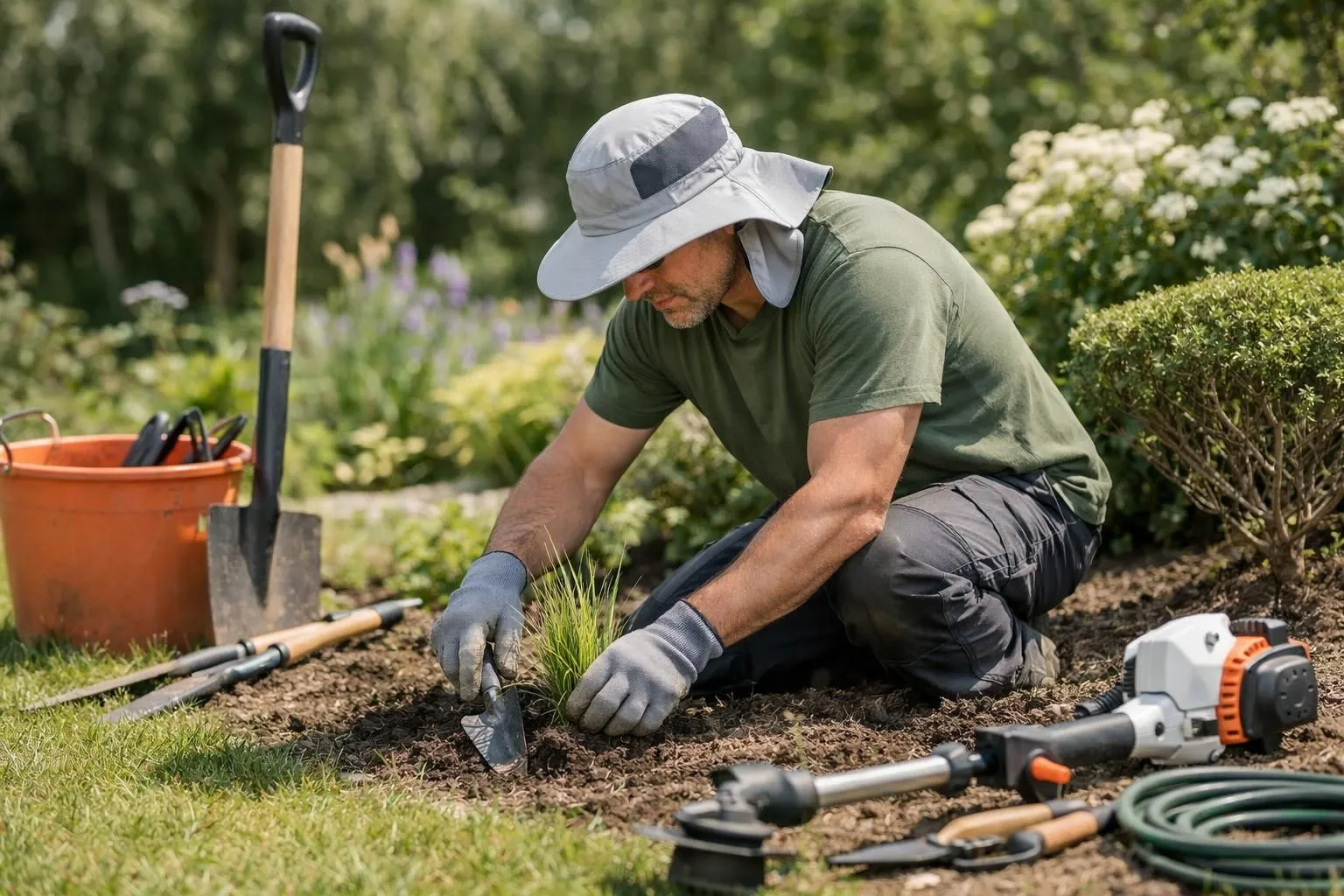 Photo réaliste d'un paysagiste professionnel travaillant dans un jardin ensoleillé, portant une casquette et des lunettes de protection anti-uv . L'homme porte également des gants et un vêtement de travail respirant. Lumière naturelle d'été, ambiance professionnelle concentrée. Composition nette montrant clairement le système de protection solaire du chapeau. Couleurs sobres: beige, kaki, bleu marine. Aucun texte, logo ou marque visible.